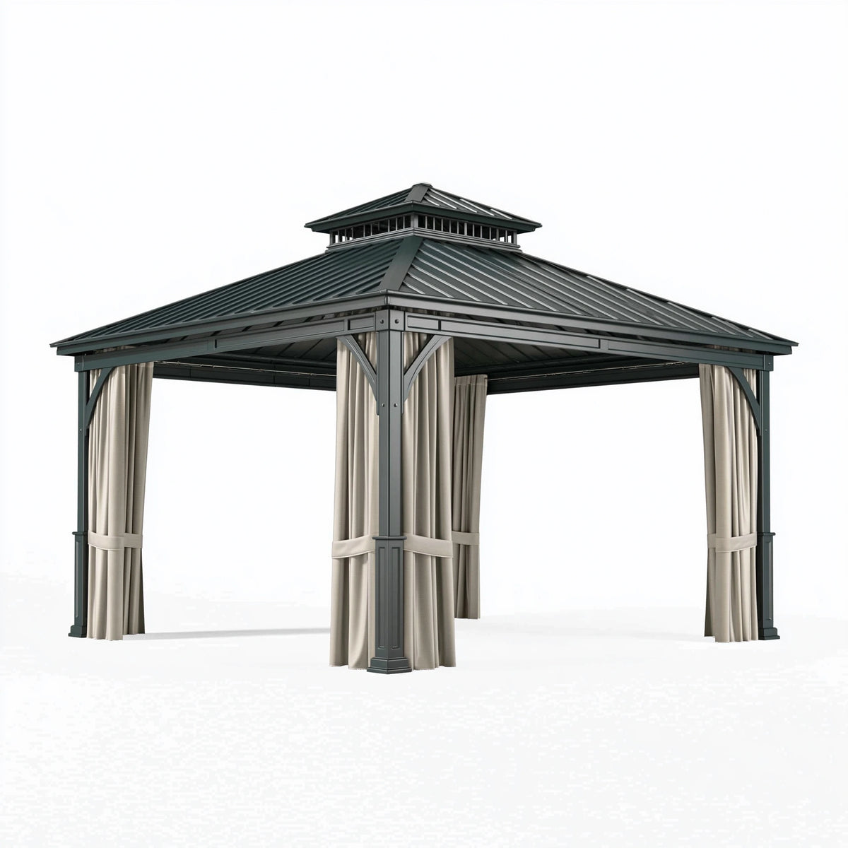 Gartenpavillon 300 x 300 x 300 cm aus Stahl in Dunkelgrau/Beige mit Vorhängen und Doppeldach