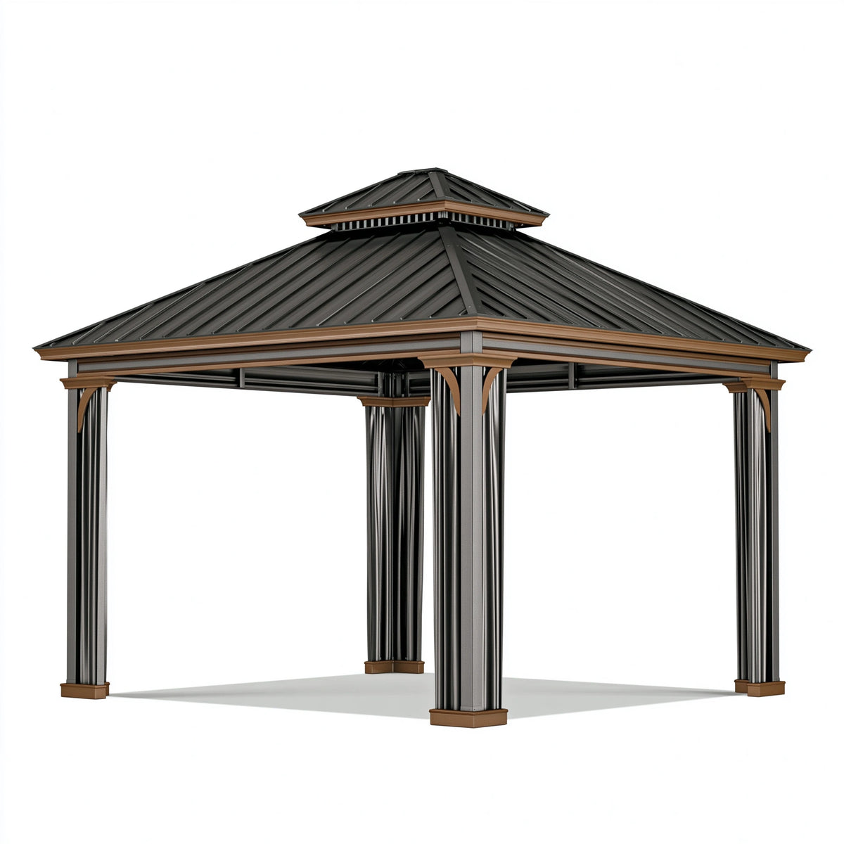 Gartenpavillon 300 x 300 cm Metall Schwarz/Braun mit zweistufigem Dach