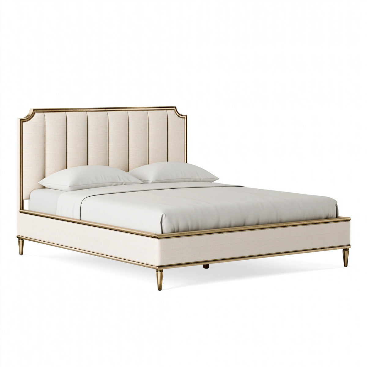 Polsterbett 180 x 200 cm Creme Gold mit Stoffbezug und vertikal gestepptem Kopfteil