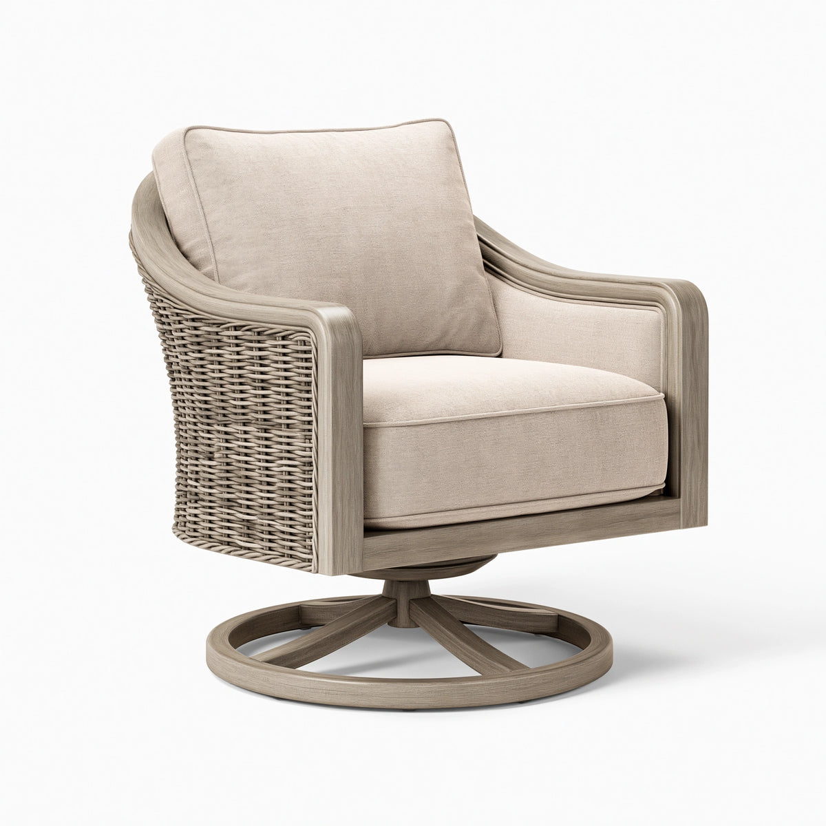 Drehsessel 82 x 78 x 90 cm aus Holz und Flechtmaterial Beige Grau mit Stoffbezug - drehbarer Lounge-Sessel