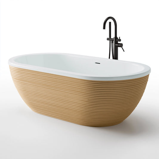Freistehende Badewanne 170 cm Weiß/Naturholz mit geriffelter Holzverkleidung für Badezimmer