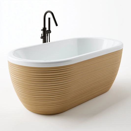Freistehende Badewanne 170 x 75 cm Weiß Naturholz - Acryl mit gerippter Holzverkleidung für das Badezimmer