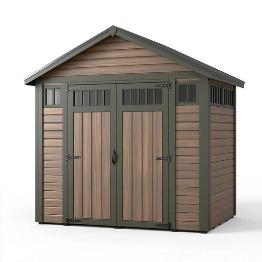 Gartenhaus 210 x 150 x 210 cm aus Kunststoffverbund und Metall in Braun Anthrazit mit Satteldach