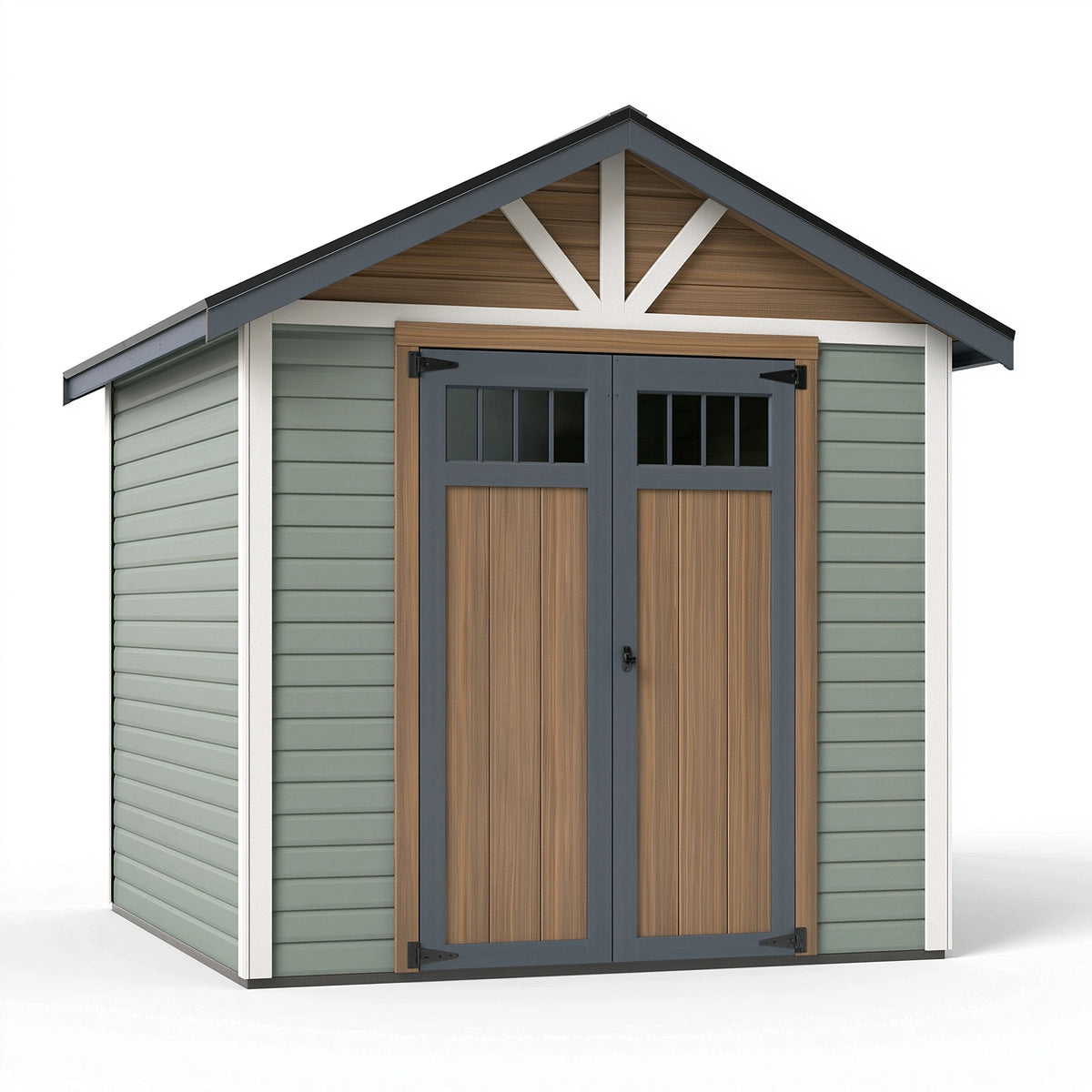 Gartenhaus 200 x 150 x 200 cm aus Kunststoff in Salbeigrün Anthrazit und Holzoptik mit Doppeltür im Landhausstil