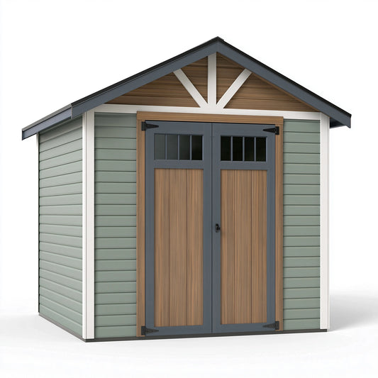 Gartenhaus 200 x 150 x 200 cm aus Kunststoff in Salbeigrün Anthrazit und Holzoptik mit Doppeltür im Landhausstil