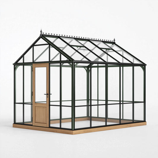Gewächshaus 300 x 240 x 260 cm aus Metall und Glas in Dunkelgrün mit Holztür im viktorianischen Stil