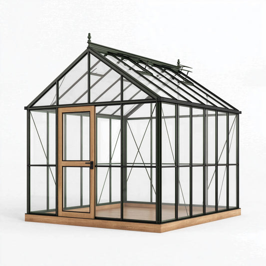 Gewächshaus 240 x 190 x 250 cm Glas Metall Schwarz Naturholz - freistehend mit Tür