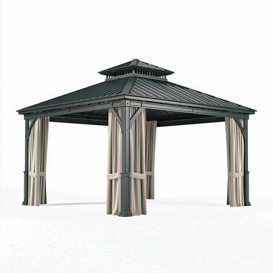 Gartenpavillon 300 x 300 x 300 cm aus Stahl in Dunkelgrau/Beige mit Vorhängen und Doppeldach