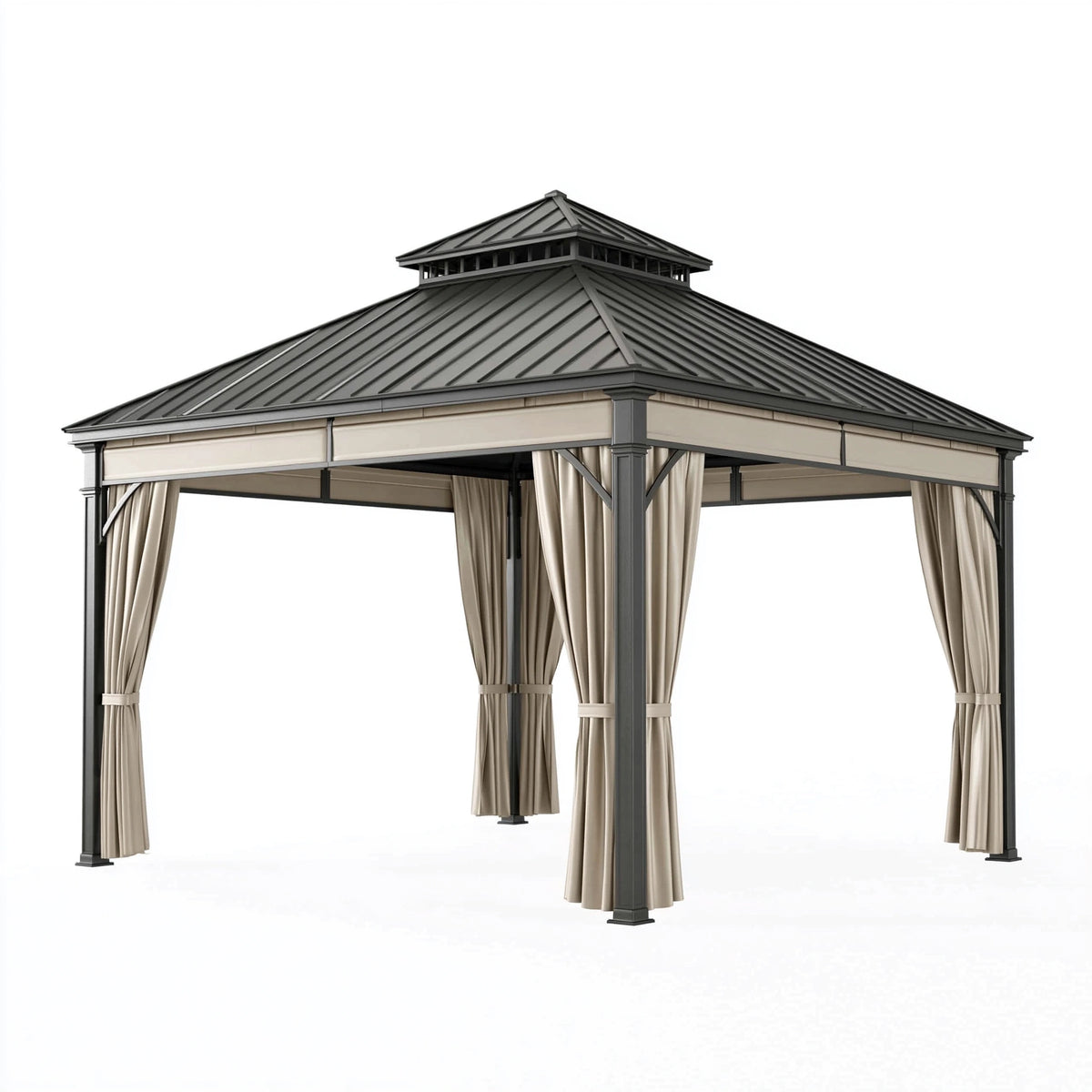 Gartenpavillon 300 x 300 x 300 cm aus Metall in Anthrazit Beige mit Vorhängen und Doppeldach