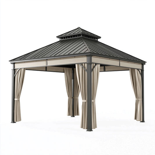 Gartenpavillon 300 x 300 x 300 cm aus Metall in Anthrazit Beige mit Vorhängen und Doppeldach