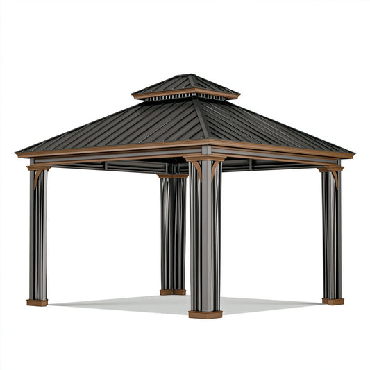 Gartenpavillon 300 x 300 cm Metall Schwarz/Braun mit zweistufigem Dach