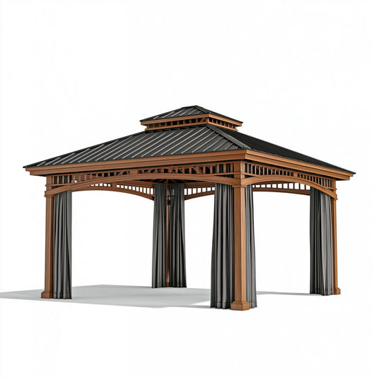 Gartenpavillon 400 x 400 x 330 cm Holz Metall Braun Schwarz mit Vorhängen und Pyramidendach