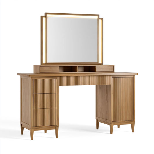 Schminktisch Set 140 x 50 x 160 cm Holz Natur mit Spiegel und LED Beleuchtung