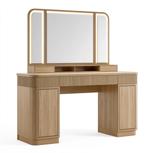 Schminktisch-Set 140 x 50 x 180 cm Holzwerkstoff Natur mit Spiegel Stauraum und Lichtleisten