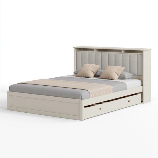 Bettgestell 160 cm x 200 cm in Creme Holzwerkstoff mit Ausziehbett und Kopfteilregal