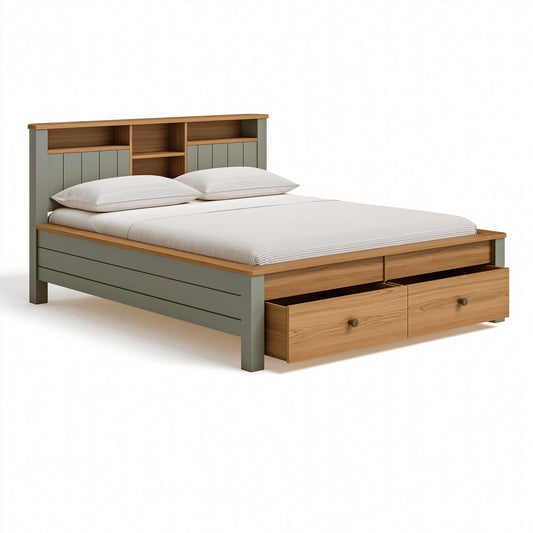 Bettgestell 160 x 200 cm aus Holz in Olivgrün mit Stauraum im Landhausstil