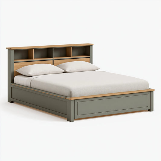 Bett 160 x 200 cm Holz Grün Naturholz mit Stauraum und Regal-Kopfteil