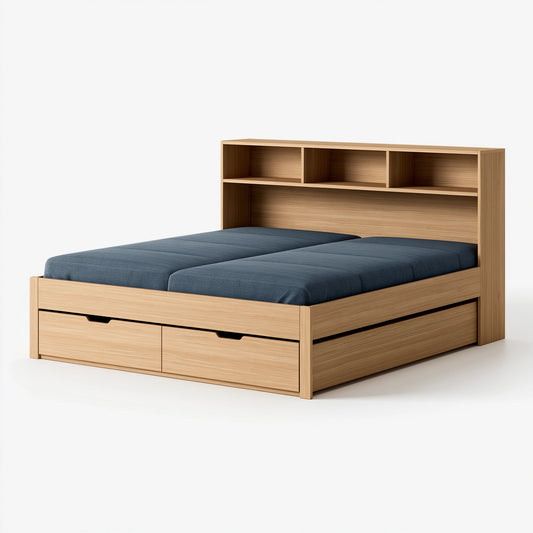 Bettgestell 180 x 200 cm Holzoptik Natur mit Stauraum und Regal Kopfteil