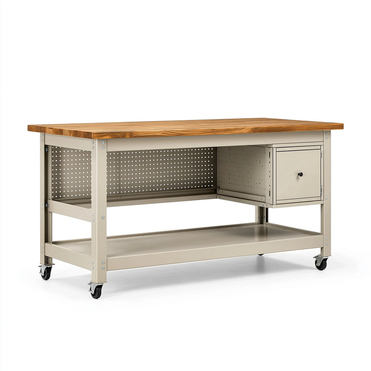 Werkbank 152 x 61 x 91 cm aus Holz und Stahl in Beige Braun mit Rollen und Schrank