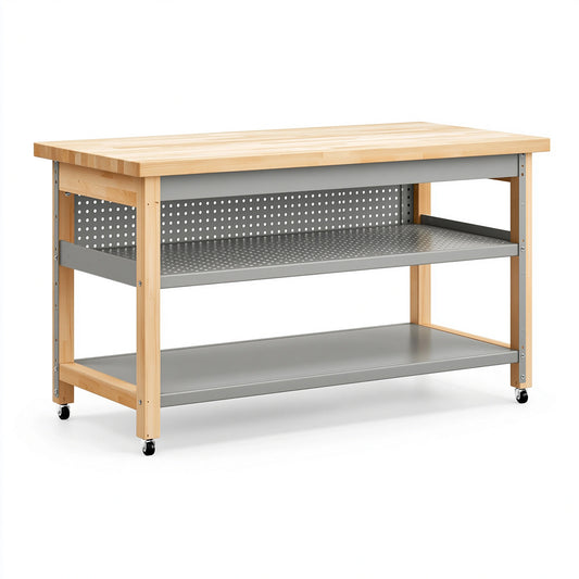 Werkbank 120 x 60 x 90 cm Holz Stahl Naturgrau mit Rollen und Ablagen