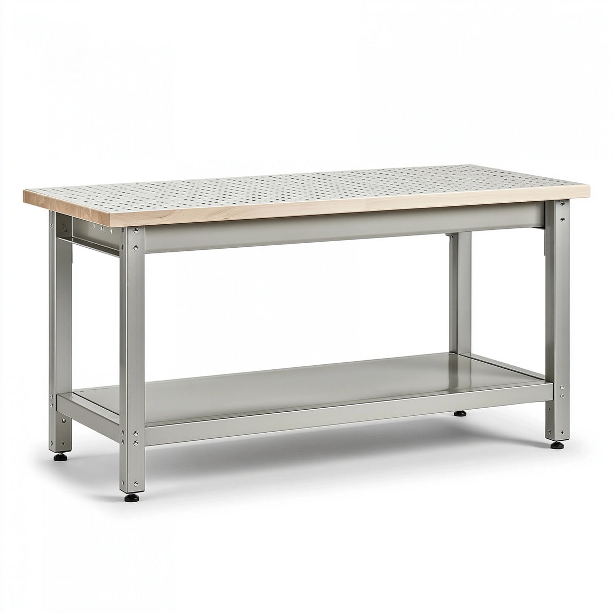 Werkbank 120 x 60 x 90 cm aus Stahl und Holz in Silber/Natur mit Lochplatte und Ablageboden
