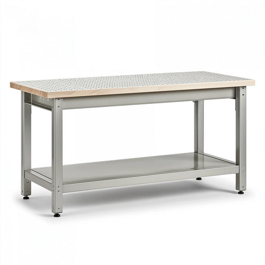 Werkbank 120 x 60 x 90 cm aus Stahl und Holz in Silber/Natur mit Lochplatte und Ablageboden