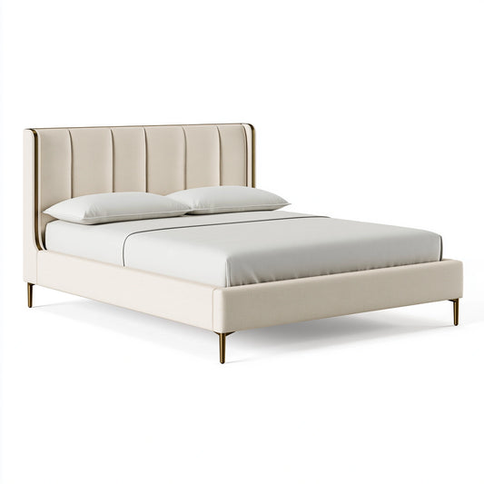 Polsterbett 160 x 200 cm Creme mit Metallfüßen - Doppelbett mit gepolstertem Kopfteil