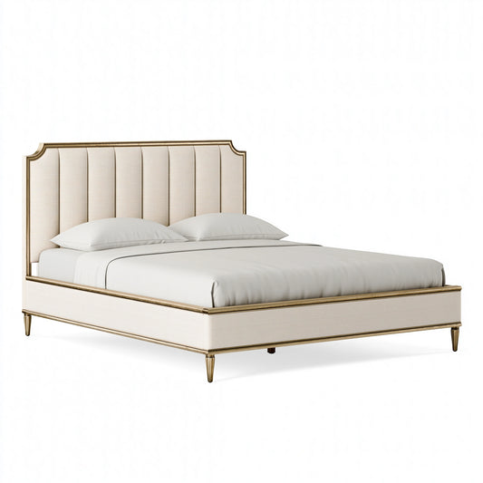 Polsterbett 180 x 200 cm Creme Gold mit Stoffbezug und vertikal gestepptem Kopfteil