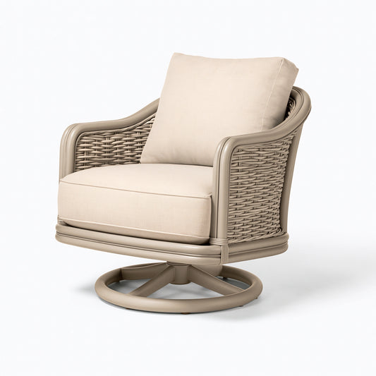 Drehsessel 82 x 80 x 92 cm aus Kunststoffgeflecht in Taupe-Beige - gepolsterter Loungesessel